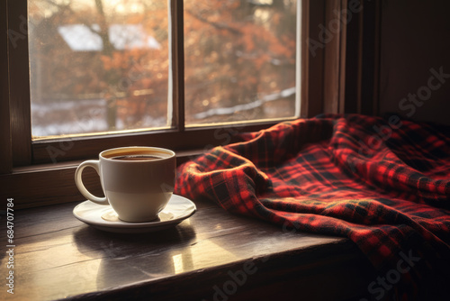 Coffee And Plaid On Vintage Windowsill In Winter Still Life Photorealism © Anastasiia