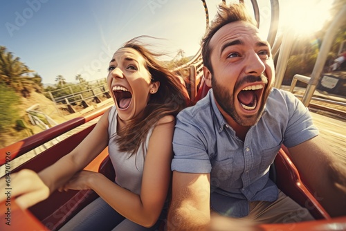 Couple Laugh On Exhilarating Amusement Park Ride, Enjoying Vacation Photorealism