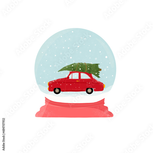 Piękna śnieżna kula, a w niej czerwony samochodzie wiozący choinkę na święta. Klimatyczna ilustracja świąteczna. © Justyna