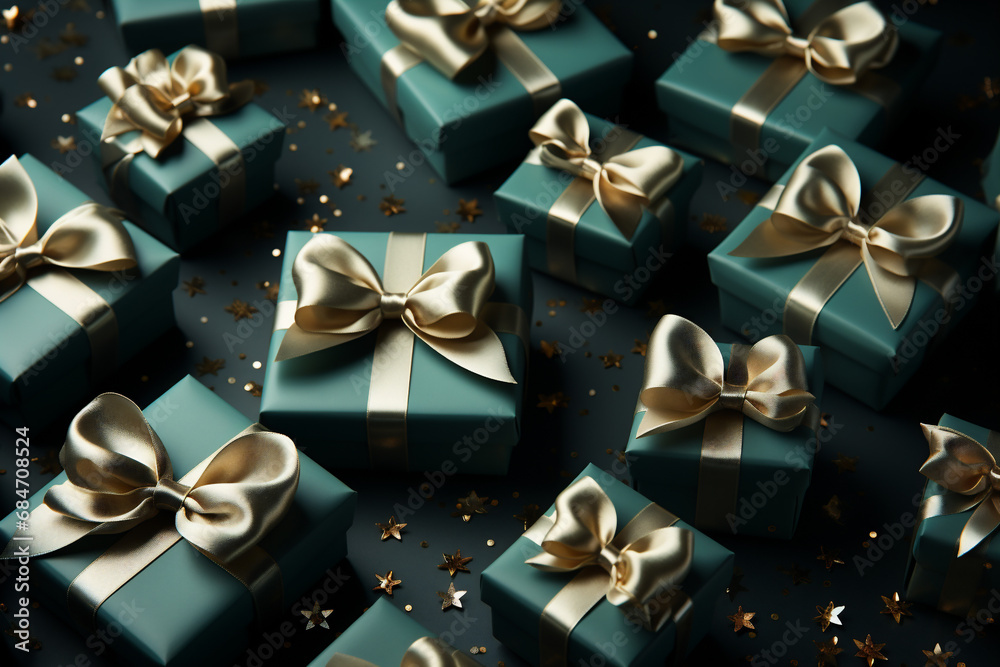 Green gifts with golden bows and ribbon, view from above