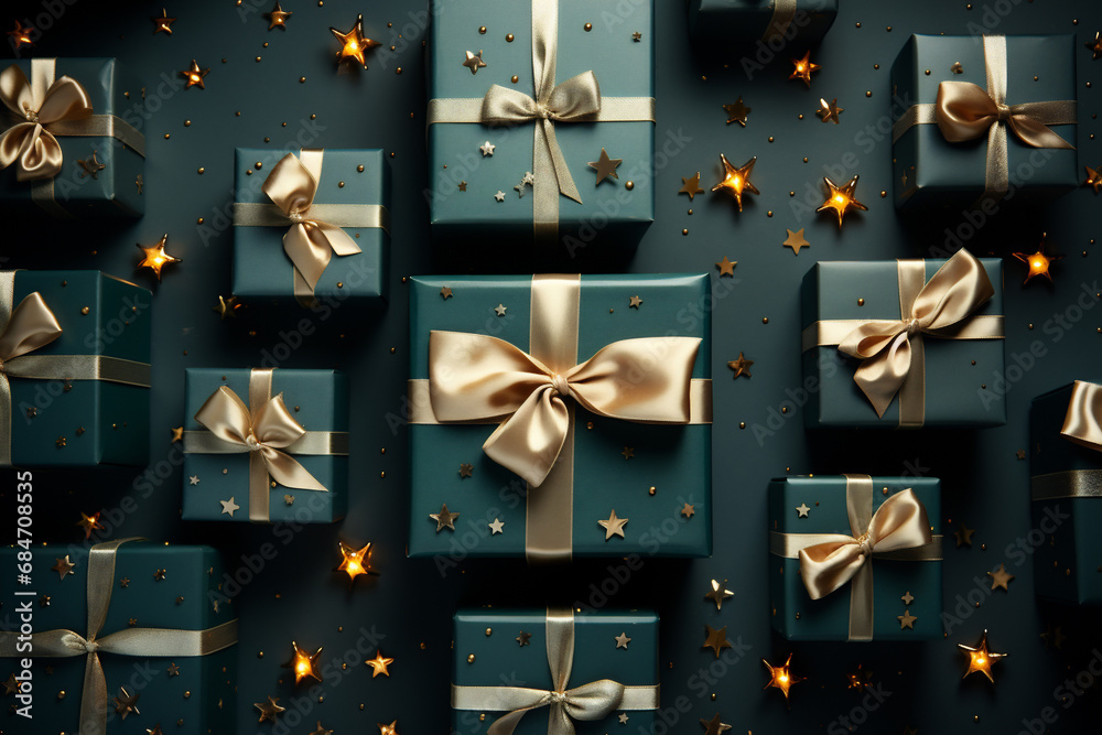 Green gifts with golden bows and ribbon, view from above