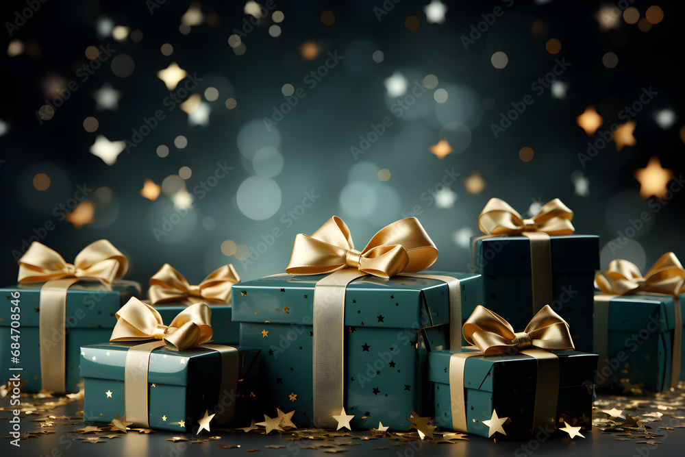 Green gifts with golden bows and ribbon