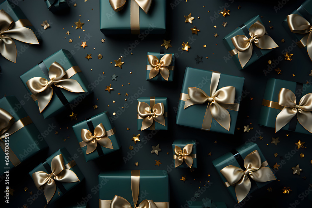 Green gifts with golden bows and ribbon, view from above