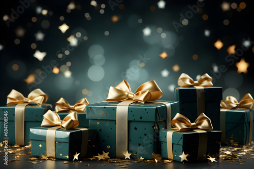 Obraz na płótnie Green gifts with golden bows and ribbon w salonie