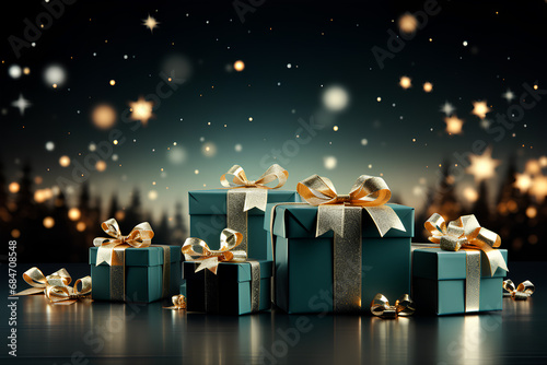 Green gifts with golden bows and ribbon