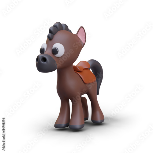 Saddled brown horse with black mane and tail. Cloven hoofed domesticated animal. Color vector creature, side view. Isolated cute 3D illustration on white background