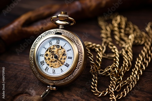 Round vintage gold pocket watch with an open lid on a brown fabric background. passing time. Collecting antiques