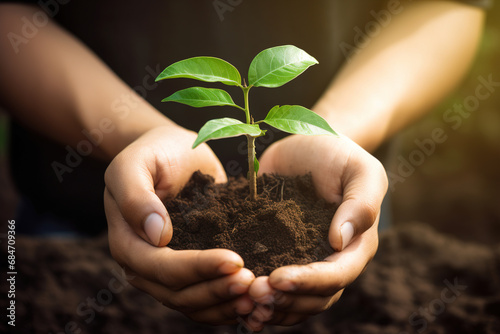 Human hands holding sprout young plant. environment Earth Day In the hands of trees growing seedlings