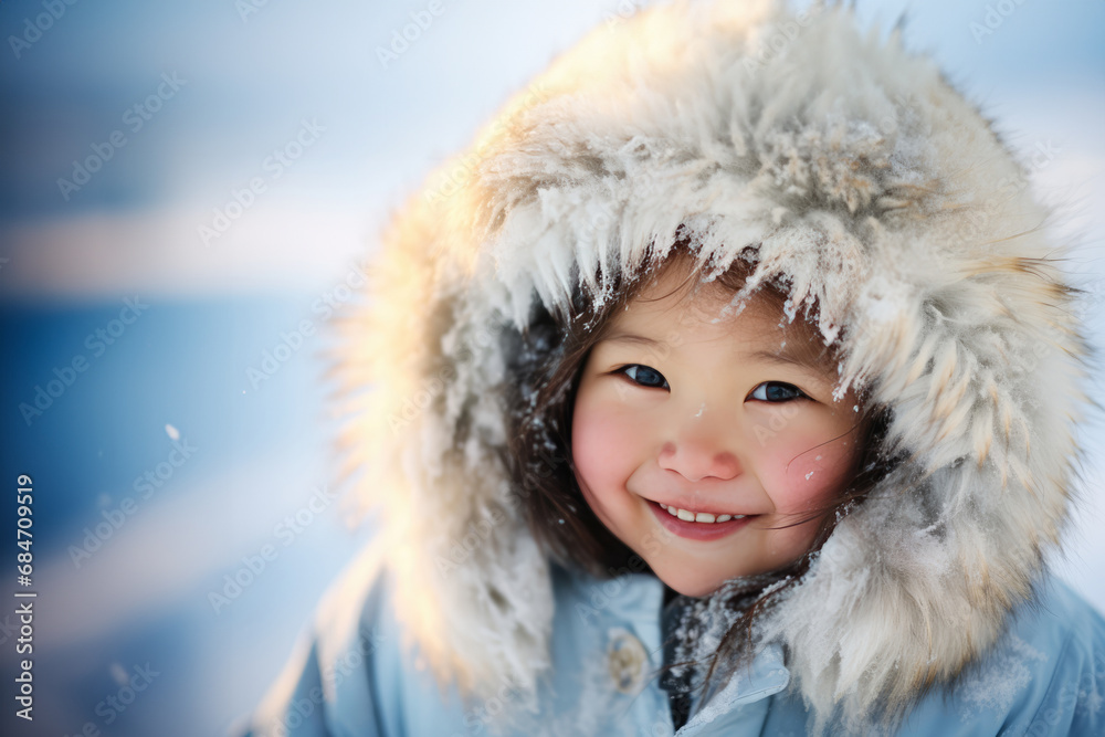 Joyful Inuit Child Smiles In Closeup Portrait On Winter Day Joyful Inuit Child Smiles In Closeup Portrait On Winter Day