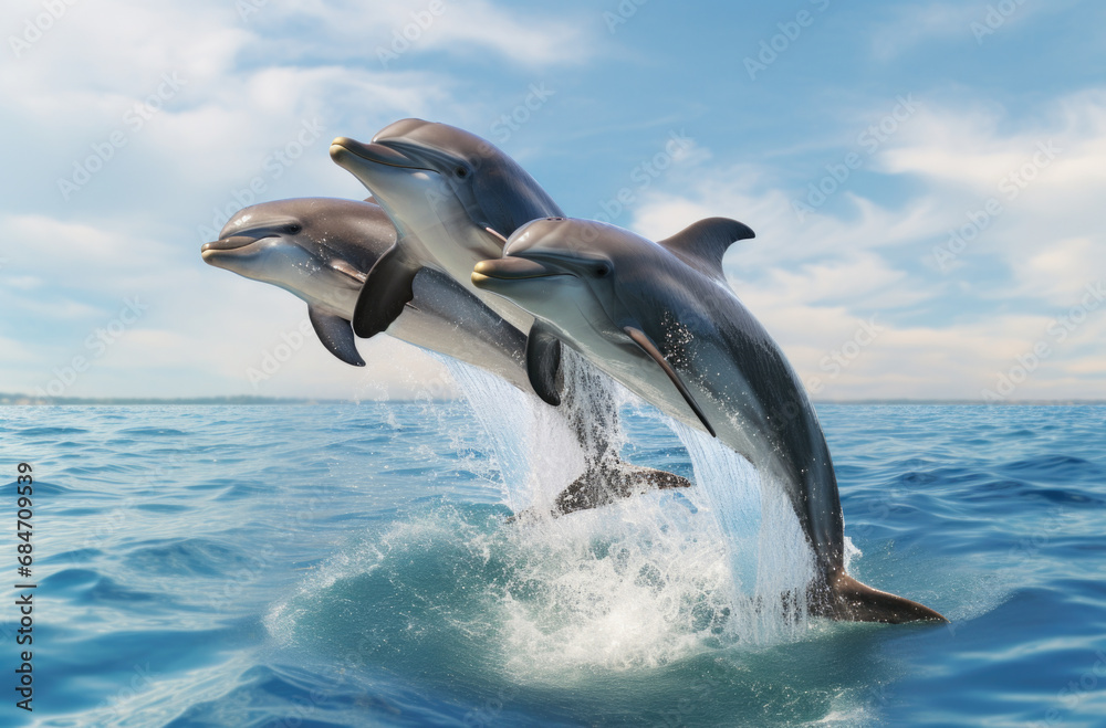 Fototapeta premium Beautiful dolphins swimming. Dolphin jumping above blue water.