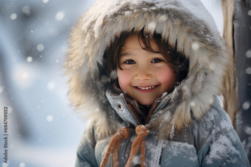 Joyful Inuit Native American Child Smiling On Winter Day Photorealism. Сoncept Embracing Cultural Diversity, Winter Wonderland, Photorealistic Portraits, Native American Traditions Joyful Inuit Native American Child Smiling On Winter Day Photorealism. Сoncept Embracing Cultural Diversity, Winter Wonderland, Photorealistic Portraits, Native American Traditions