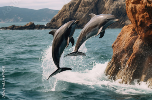 Beautiful dolphins swimming. Dolphin jumping above blue water.