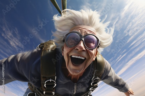 Adventurous Granny Attempting Skydiving With Enthusiasm Photorealism photo