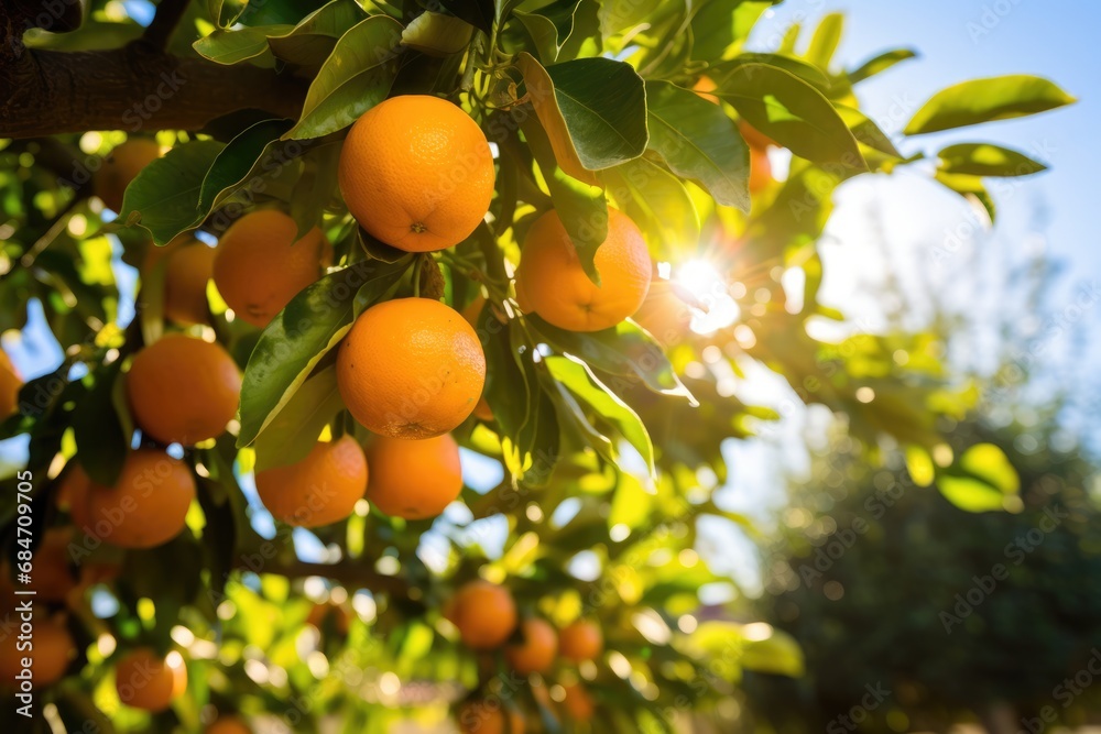 Oranges Hanging On Tree Branches In Picturesque Spanish Orange Garden