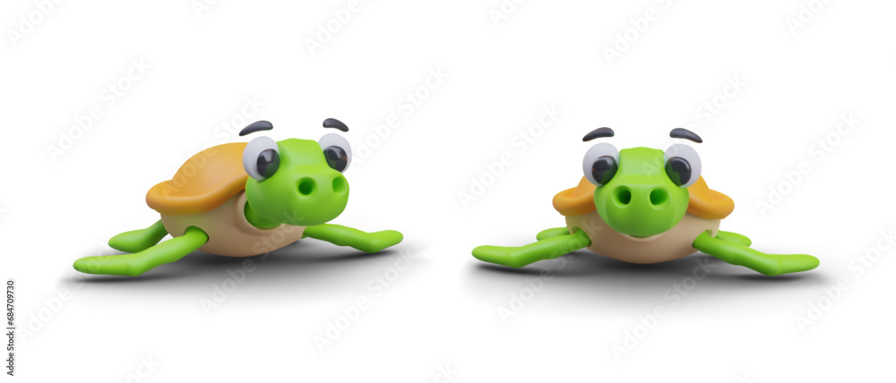 Fototapeta premium Funny small green turtle with big nostrils. Marine, oceanic reptile, amphibian. Cartoon style illustration. 3D image from different angles. Set of vector templates