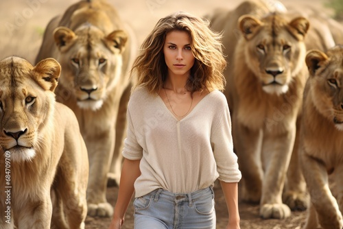 Odd One Out Young Woman Stands Among Lions As Lioness photo