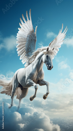 white horse with wings in the sky. Generative AI.