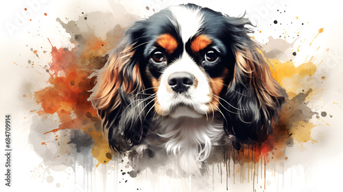 watercolor portrait tricolor cute cavalier king charles spaniel puppy photo