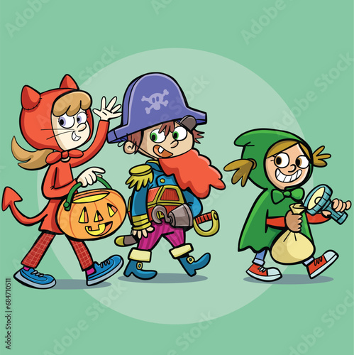 children in masquerade costumes go to Halloween