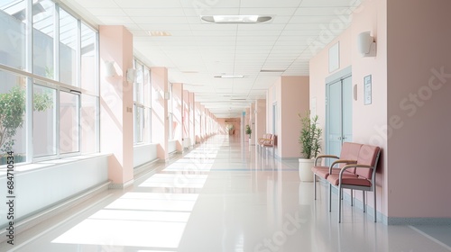 Empty modern hospital corridor with rooms and seats waiting room in medical office. Healthcare service interior