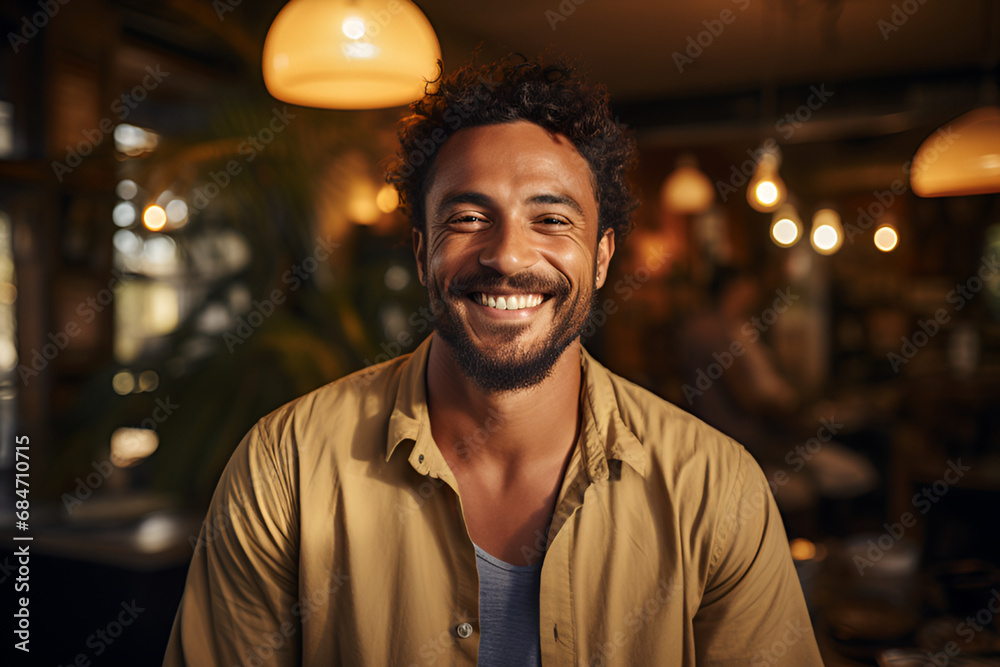 Fototapeta premium Portrait of handsome afro man on store background, copy space