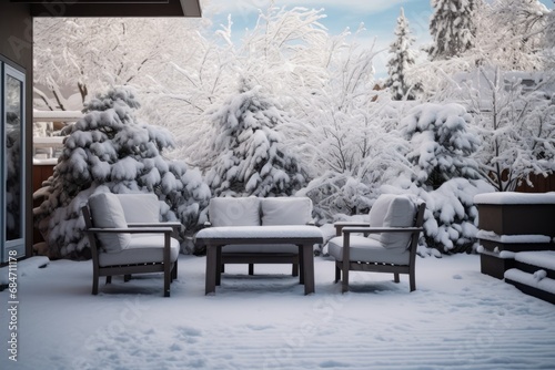 Snowcovered Backyard With Trees And Outdoor Furniture Photorealism