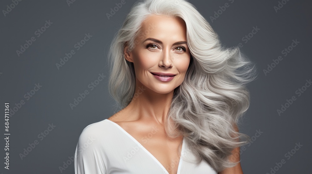 Confident mature woman with silver hair posing in studio. Beauty and elegance. Confident mature woman with silver hair posing in studio. Beauty and elegance.