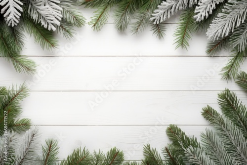 Winter Christmas Frame With Spruce Branches And Garlands, White Background Photorealism