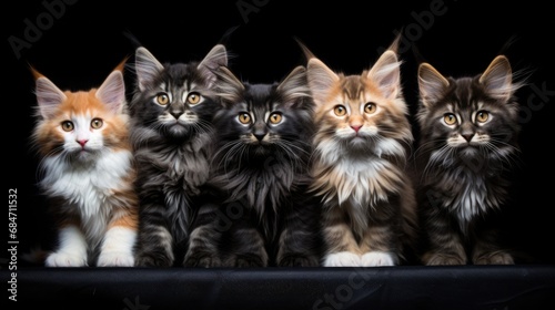 little Maine coon kittens sitting at the studio,isolated on clean black background