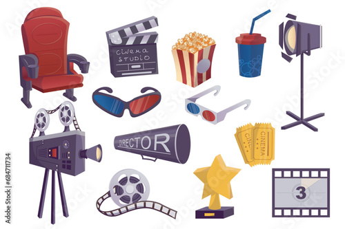 Cinema industry mega set in flat design. Bundle elements of chair, clapperboard, popcorn, spotlight, camera, 3d glasses, tickets, film reel and other. Vector illustration isolated graphic objects