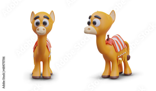 Realistic camel in different positions with seat cover. Transporting people through desert. Vector illustration in 3D style with shadow on white background