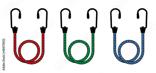 Drawing cartoon, elastic with hook. Cord with Hooks. Bungee spider sign. Rope icon. For Braided elastic strap with hooks. Elastic band. Bungee cords. Rubber strap with steel hooks. luggage rack.