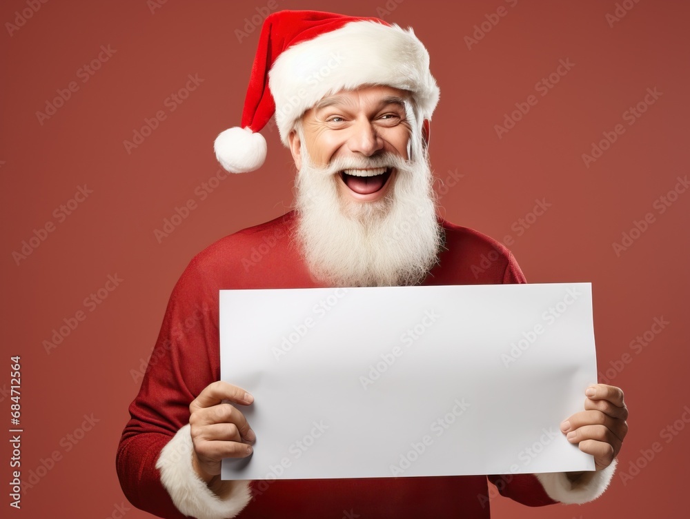 Cheerful Santa Claus captured in a moment of laughter, holding a blank paper
