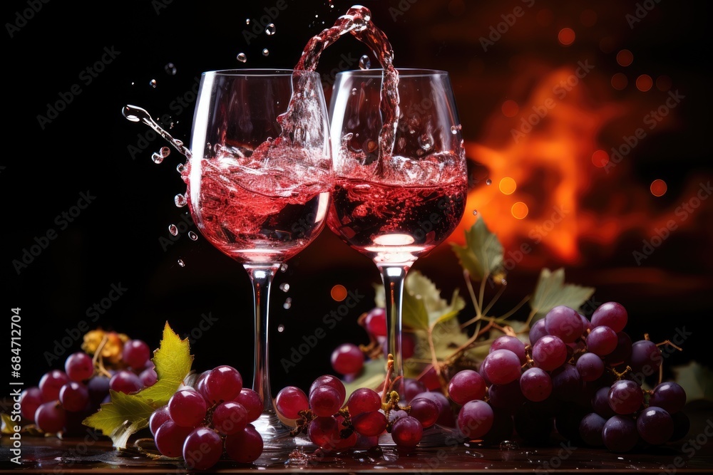 two wine glasses with deep burgundy wine splashes on black grape wine background 