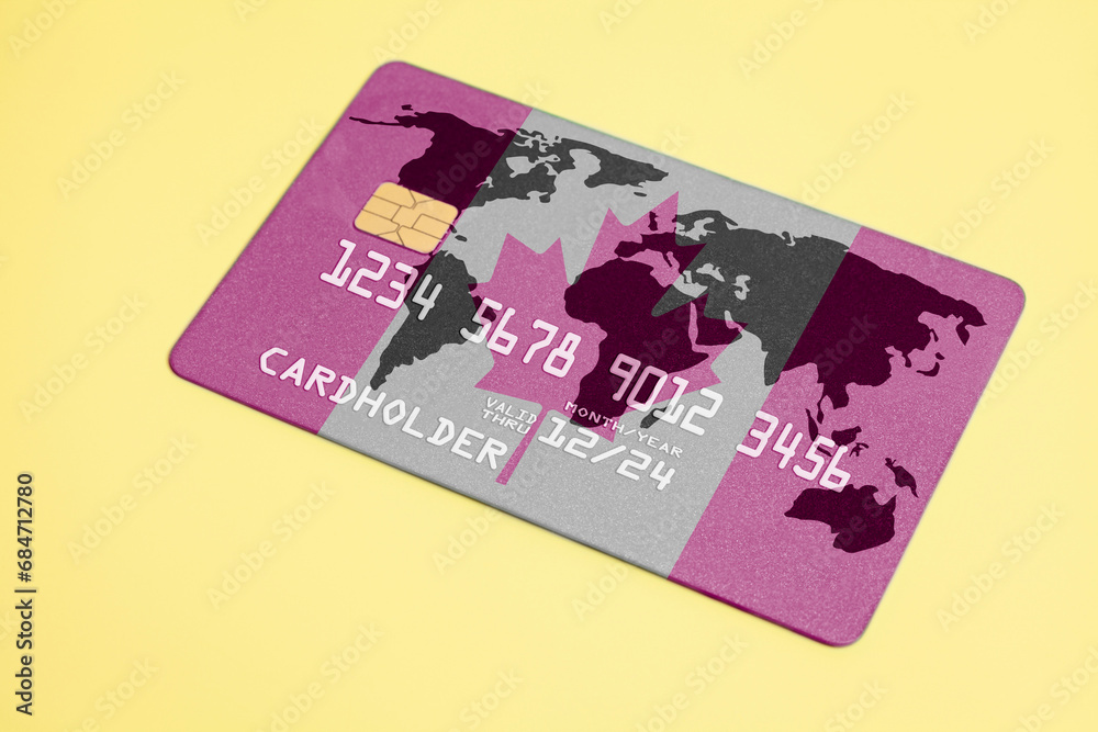 Bank Credit Card with world map and Canadian flag Bank Credit Card with world map and Canadian flag