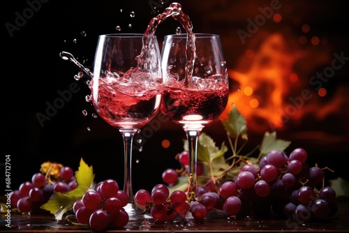 two wine glasses with deep burgundy wine splashes on black grape wine background 