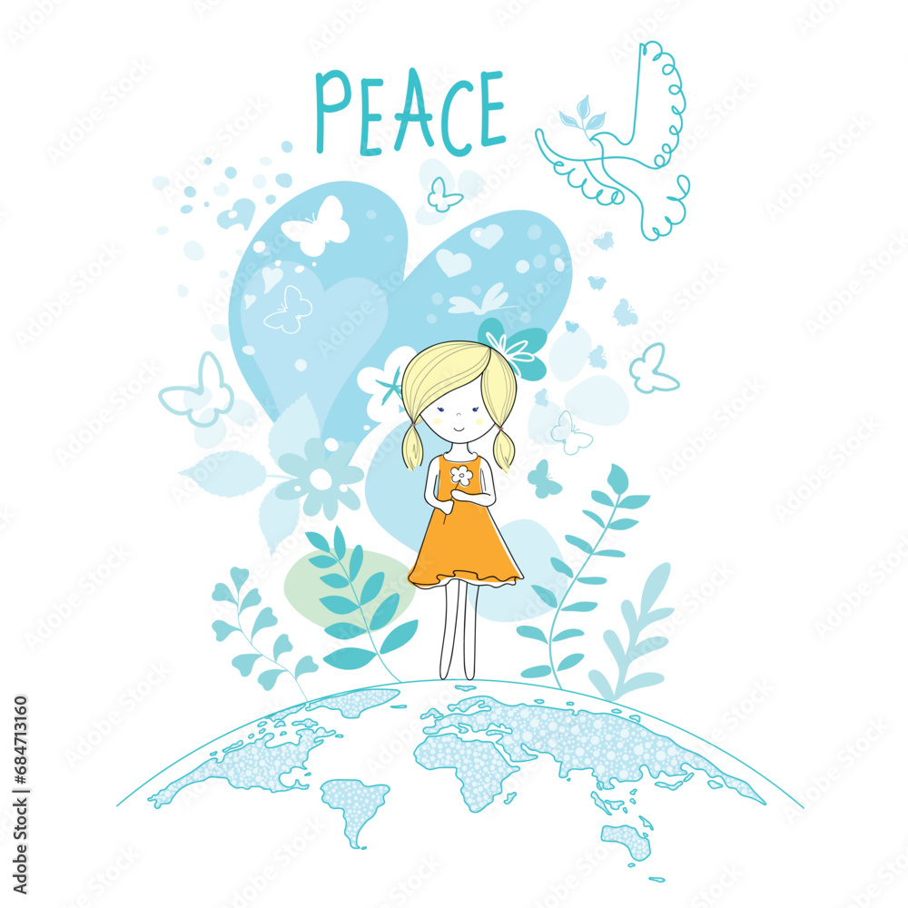 International Day of Peace. Bird, globe, flowers, heart continuous drawing. Concept of love, peace and kindness. Text. Vector International Day of Peace. Bird, globe, flowers, heart continuous drawing. Concept of love, peace and kindness. Text. Vector