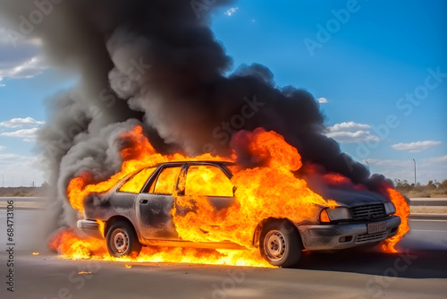 Fuel carrier in flames. Truck burning on the road. Neural network AI generated art