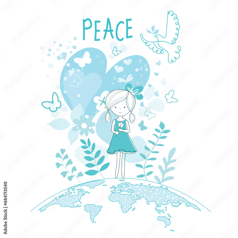 International Day of Peace. Bird, globe, flowers, heart continuous drawing. Concept of love, peace and kindness. Text. Vector International Day of Peace. Bird, globe, flowers, heart continuous drawing. Concept of love, peace and kindness. Text. Vector
