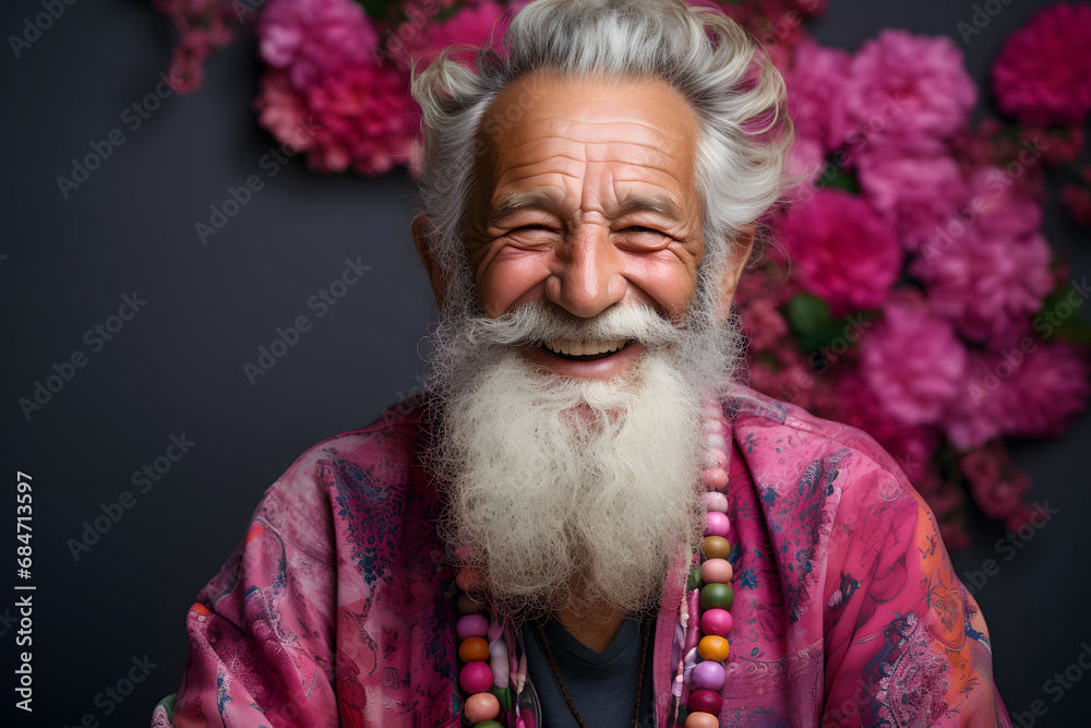 Happy old and smiling man with copy space. Well dressed against solid background.