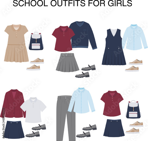 Set of school outfits for girls. School uniform for schoolgirl, teenager, student. Essential girl's cloths. Shirt, t shirt, trousers, jacket, pullover, dress, skirt. Vector illustration.