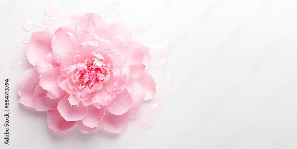 Peony flower on a white background with copy space, Top view, Flat lay minimal creative floral concept, Generative AI
