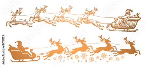 Santa Claus in a sleigh full of gifts with flying reindeer. Decoration Merry Christmas and Happy New Year. Vector illustration photo