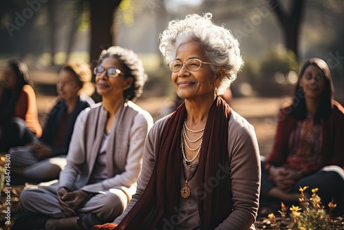 Group of elderly women doing yoga in the park