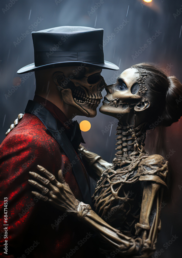 Naklejka premium the last dance is long over, skeleton couples hug, love is infinite, generative AI