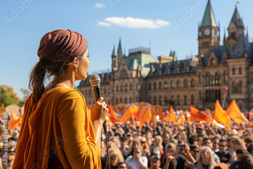 Activist speaking at a rally, sunny day. Peaceful protests and activists share their motives, demands and messages before voting in parliament, demanding change, active participation in politics