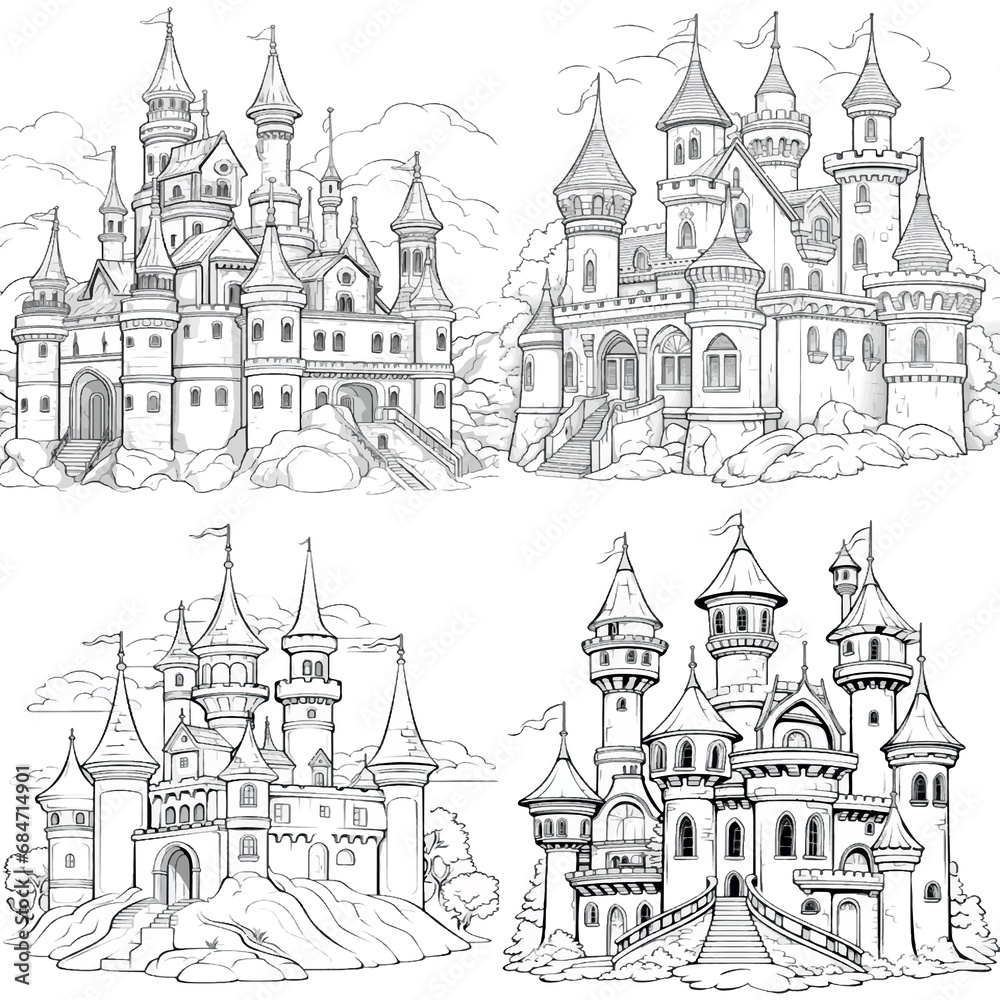 coloring pages Grand castles with turret and towers, white and black Illustration