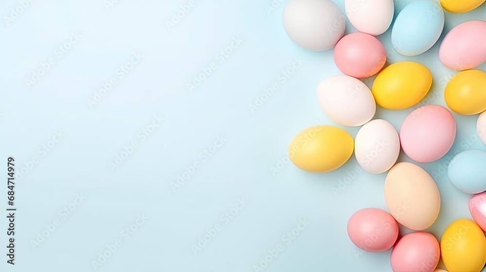 Horizontal banner. Spring Festival. Layout of painted decorated Easter eggs on a blue background with space for text. View from above