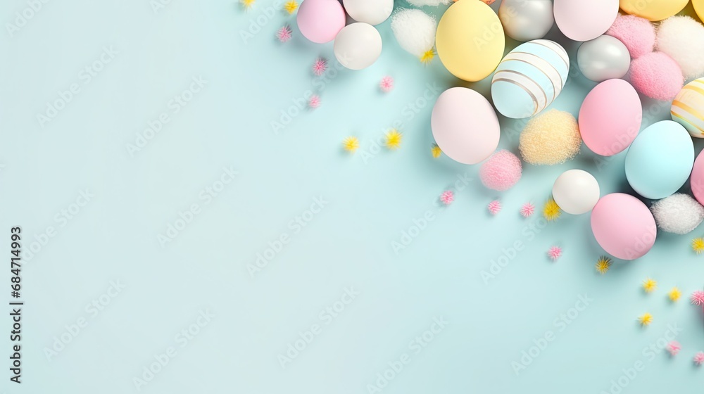Happy easter. Blue banner with scattered Easter decorated eggs with spaces for text.