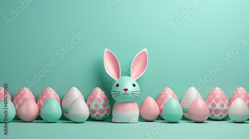 Easter bunny with painted multi-colored eggs on a light background with space for text and congratulations. Creative horizontal banner.